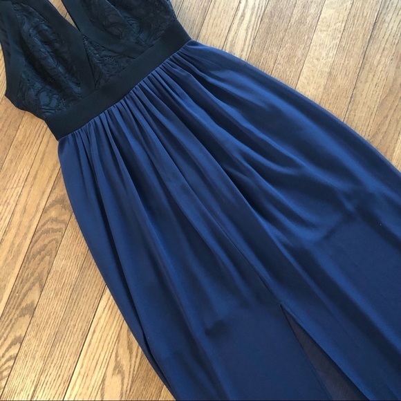 BCBGeneration Evening Dress Maxi Black Lace Top & Navy Sheer Overlay Size 0 - Picture 3 of 8